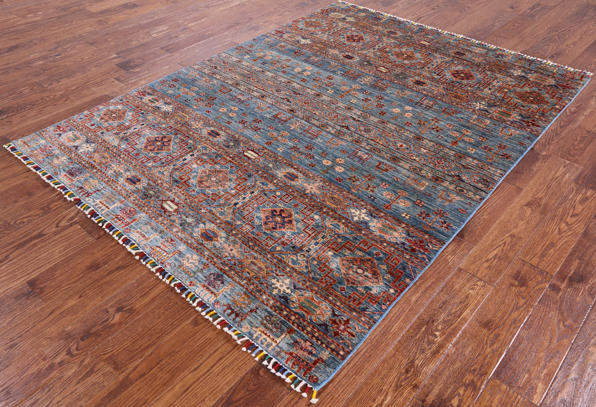Blue Tribal Khorjin Persian Gabbeh Wool Rug - 5' 9" X 7' 10" - Golden Nile