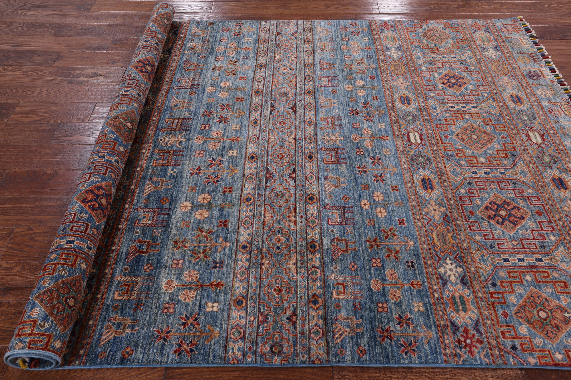 Blue Tribal Khorjin Persian Gabbeh Wool Rug - 5' 9" X 7' 10" - Golden Nile