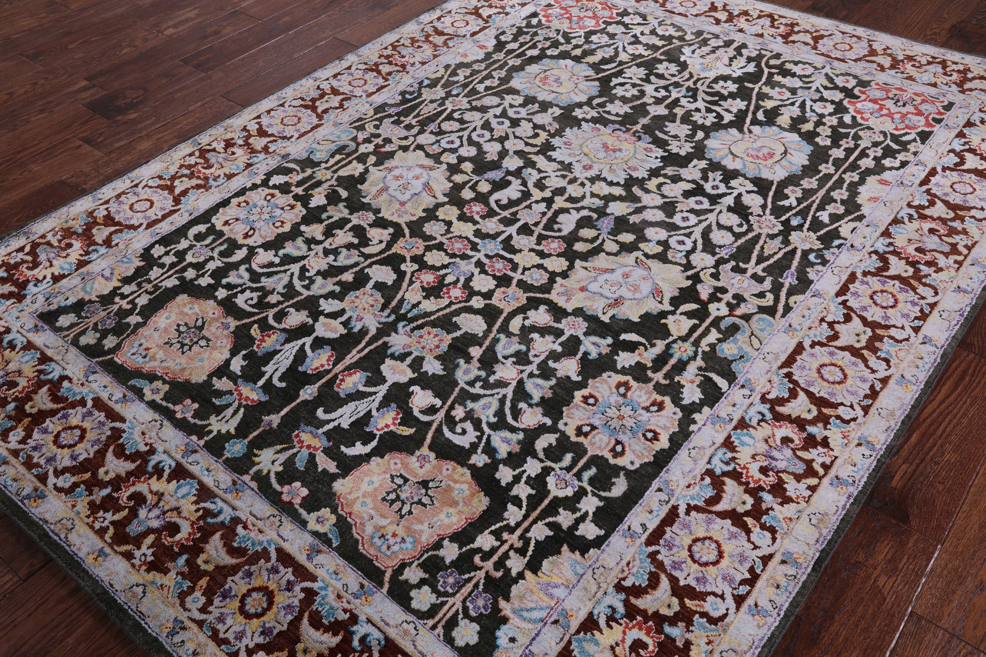 Grey Pure Silk With Oxidized Wool Hand Knotted Area Rug - 5' 7" X 7' 8" - Golden Nile