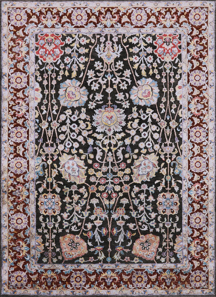 Grey Pure Silk With Oxidized Wool Hand Knotted Area Rug - 5' 7" X 7' 8" - Golden Nile